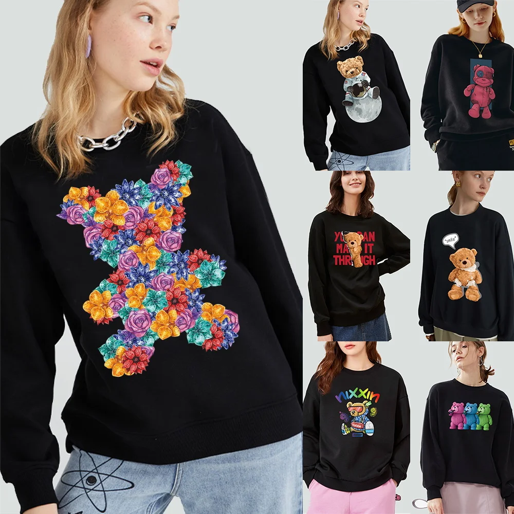 

Women's Long Sleeve Sweatshirt Warm Casual Pullover Cute Teddy Bear Print Pattern Series Round Neck Fall Fashion Black Hoodie