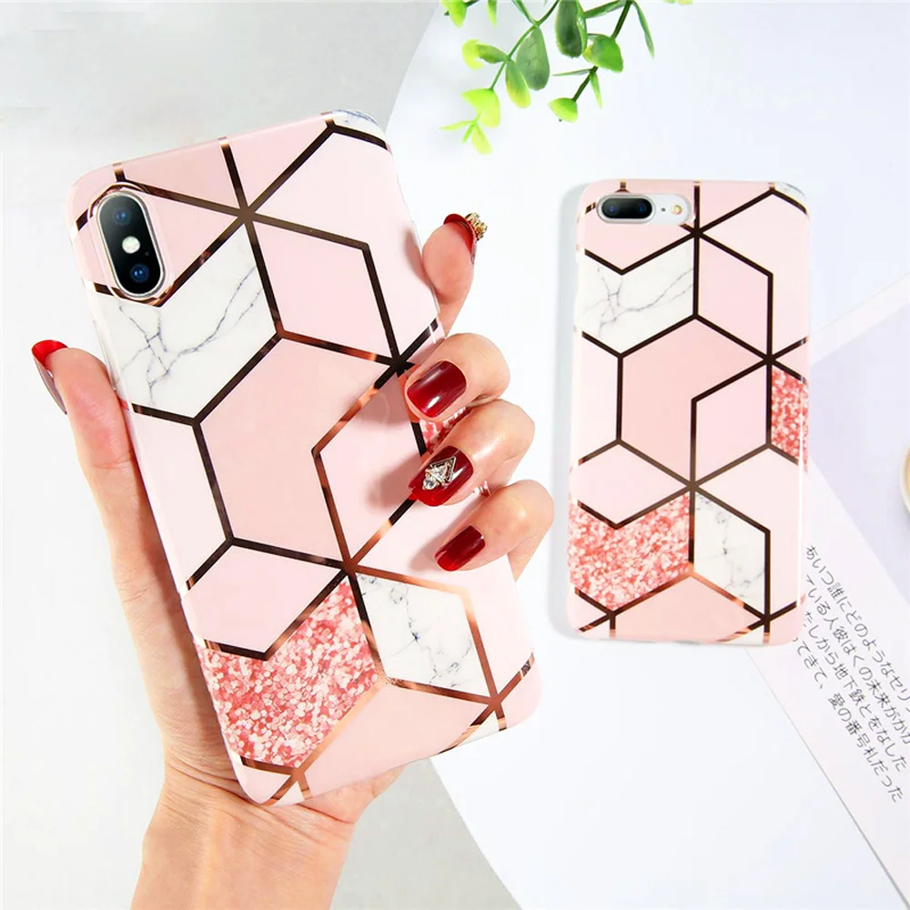 Plating Geometric Marble Phone Case For iPhone 11 Pro XS XR X 7 8 Plus Max Lite Glossy Soft IMD Luxury Back Cover |