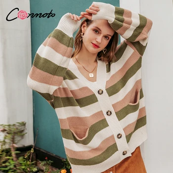 

Conmoto Casual v-neck women knitted sweaters Lantern sleeve single-breasted female cardigan Office lady stripe loose sweater