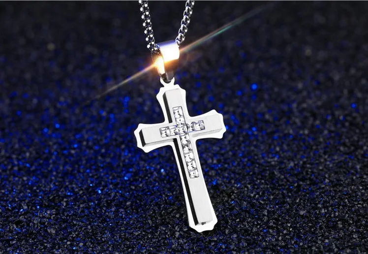 Нержавеющая сталь подвеска с большим крестом ожерелье для мужчин CZ камни христианский воротник счастливый аксессуар католический Иисус Ювелирная коробка цепь