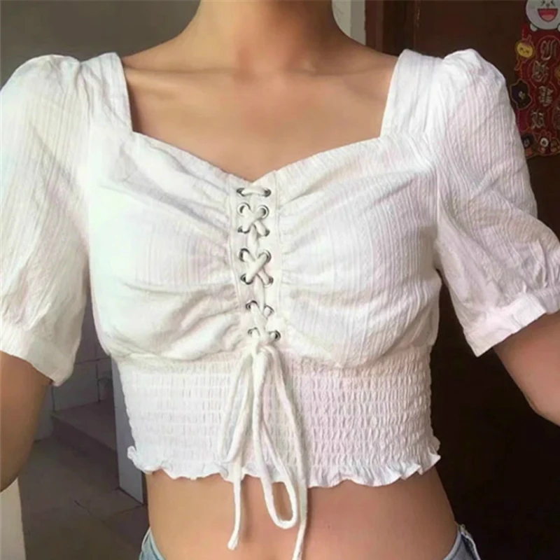 

Women Puff Sleeves High Waist Square Collar Summer Gentle Hot All Match Plus Size Women Lace Up Sexy Short Blouses 2020