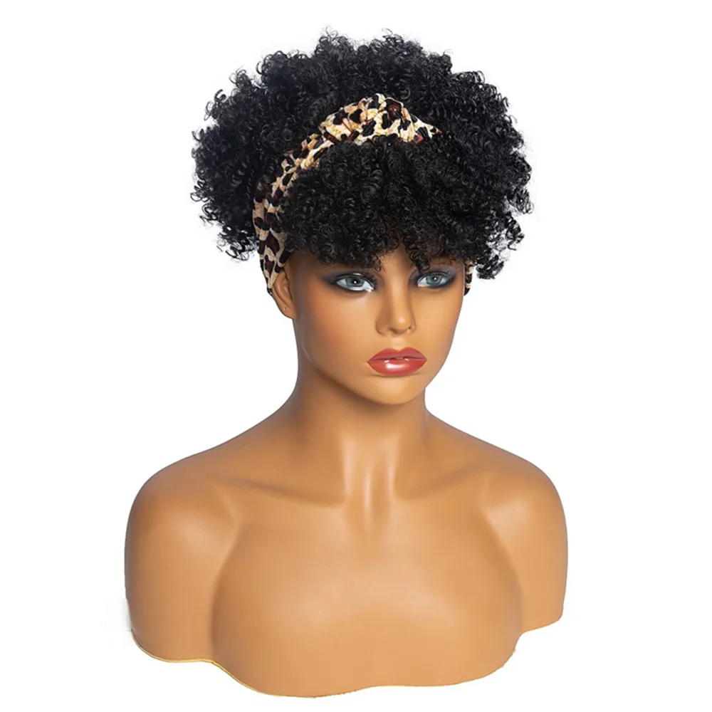 Headband Wigs European and American Women's Wig African Afro Kinky Curly Head Leopard Print Headscarf Hair Small Curl Fluffy Wig