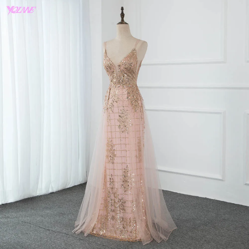 YQLNNE сексуальные длинные платья на бретелях для выпускного вечера блестящие розовые Золотые кристаллы тюль милые вечерние платья с открытой спиной - Цвет: Rose Gold