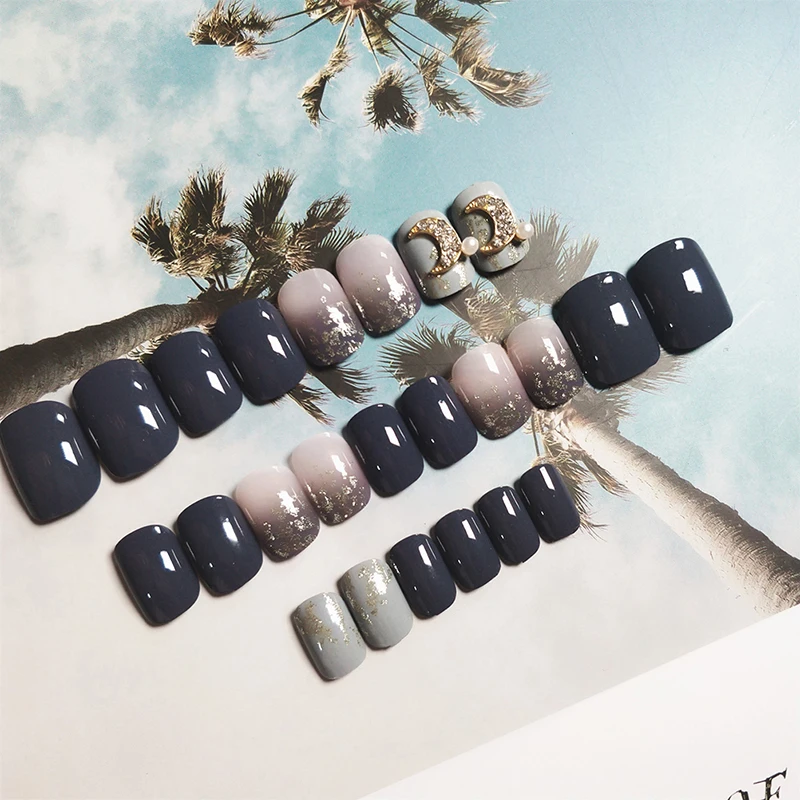 24pcs 3D Moon Style Design Build Press On Nails Short Fashion Fake Nails With Glue Candy Color Grey DIY Nail Art Tips