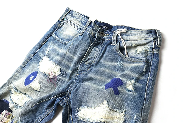 Марка New fashion Hi Street Мужская Мода рваные, потертые джинсы с рисунком пентаграммы Джинсы с вышивкой мужской в стиле «хип-хоп», джинсы