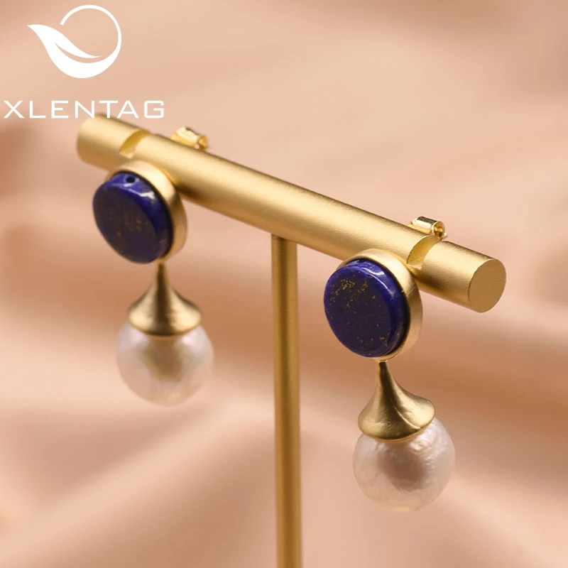 

XlentAg Natural Baroque Pearl Round Lapis Lazuli Earrings For Women Drop Earrings Fine Jewelry boucle d'oreille femme GE0692