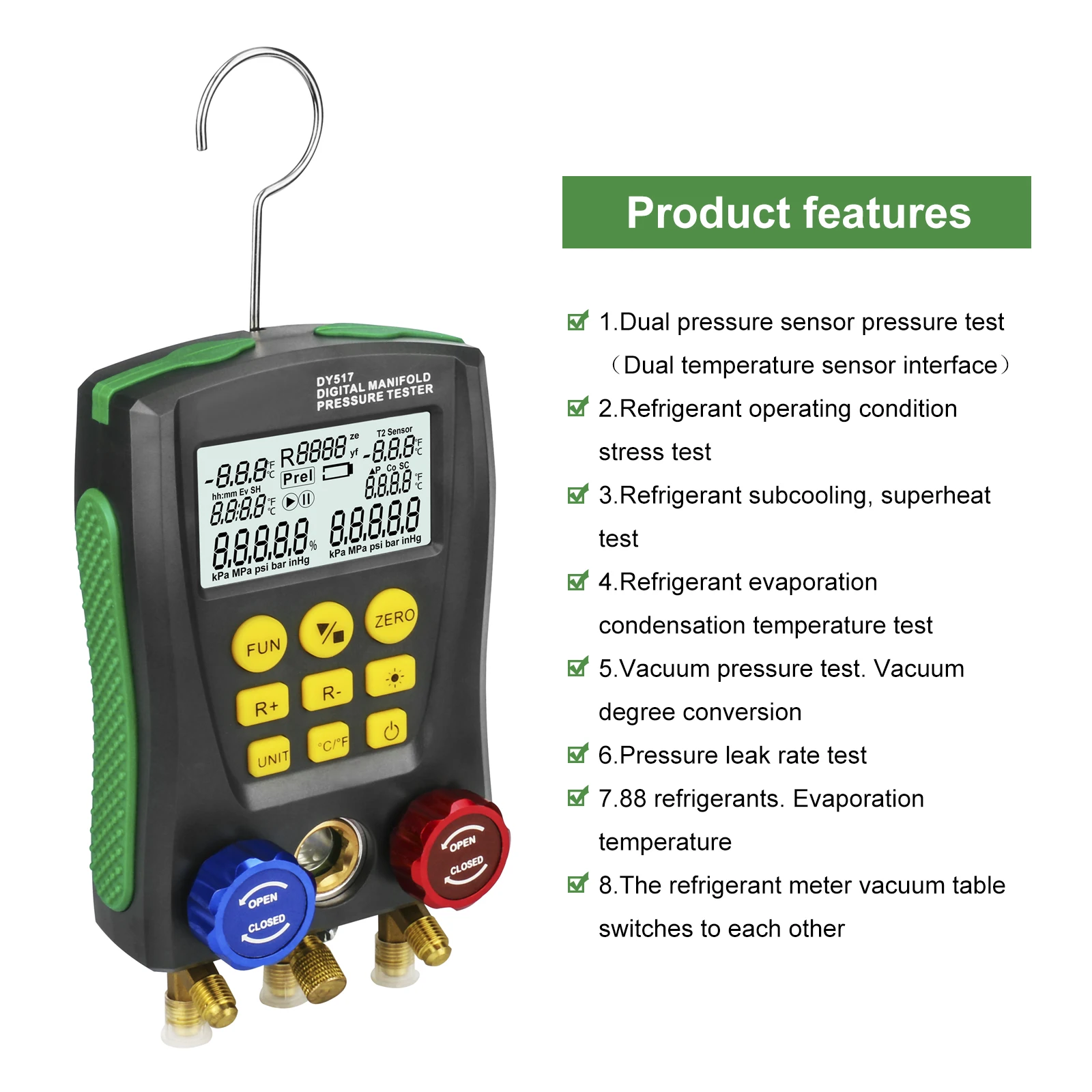 Buy DUOYI Refrigeration Digital Manifold Pressure Gauge Set Vacuum Pressure Temperature Meter Testing Air Conditioner PK TESTO 550