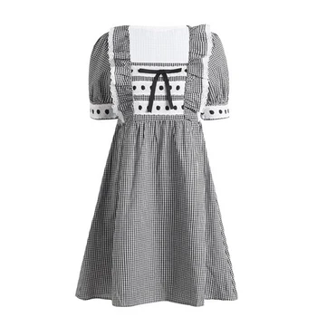 

High-quality latest fashion 2020 designer runway Women's Square Collar Puff Sleeve Lace decorate Ruffles Plaid Dress