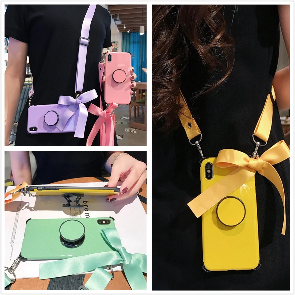 

Crossbody phone case for iphone 11 pro max X XR Xs max 6s 7 8 plus bowknot shell Foldable phone stand back cover with long strap
