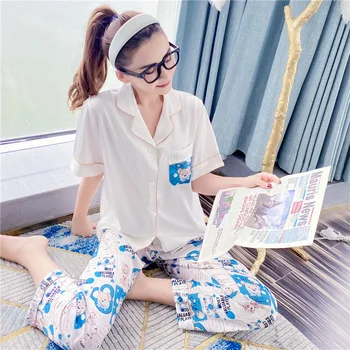 

White Print Pajamas 2020 New Women 2PCS Shirt&Pants Nightwear Satin Cute Sleepwear Pyjamas Suit Casual Home Clothes Bathrobe