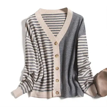 

Asymmetry Sweater Women Vintage Cardigan Single Breasted Striped V-Neck Casual 92.8% Wool Autumn Cardigan Winter Clothing