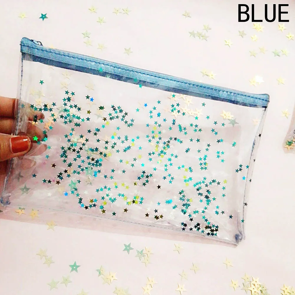New Cute Transparent Glitter Stars Silica Gel PVC Plastic Water Proof Pencil Bag Pencil Case Cosmetic Bag School Supply - Цвет: BL