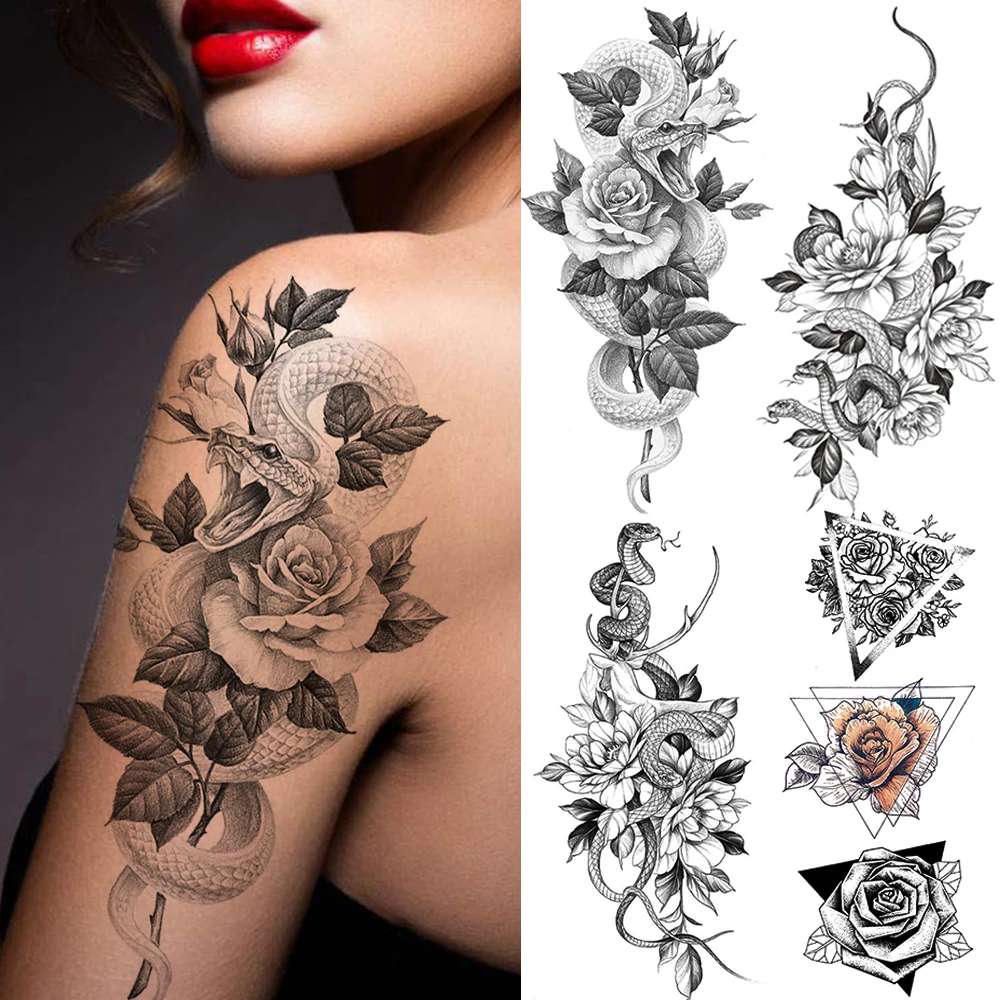 

Creative Lotus Snake Temporary Tattoos Sticker For Women 3D Body Art Painting Legs Arm Tatoo Decal Fake Waterproof Black Tattoo