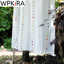 

Color Stripes Half Curtain With Cotton Ball for Garden Patio Linen Short Voile for Kitchen Cabinet Door Photo background Panel &