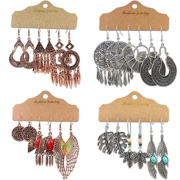 

2020 Vintage Geometry Round Tassel Earrings set for Woman Boho Ethnic Leaf Feather Multicolor Bead Drop Earrings Jewelry Gift