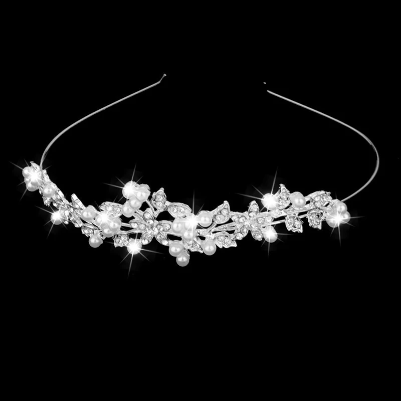 Wedding Bridal Headband Rhinestone and Artificial Pearl Wedding Crown Decoration Headband Silver