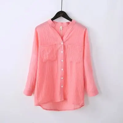 orange pink Новая модная женская Солнцезащитная рубашка, женская летняя хлопковая льняная рубашка, свободная рубашка для девочек с рукавом три четверти и v-образным вырезом - Цвет: orange pink