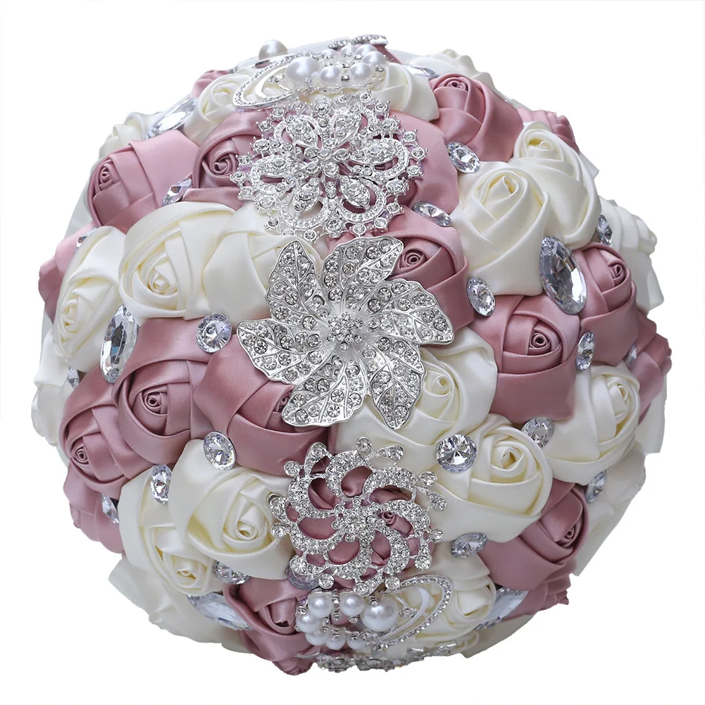 White/Red/Blue Rose Artificial Flowers Bouquet With Diamond Pearl Wedding Decoration Romantic Bride Holding Flower Bouquet Gif