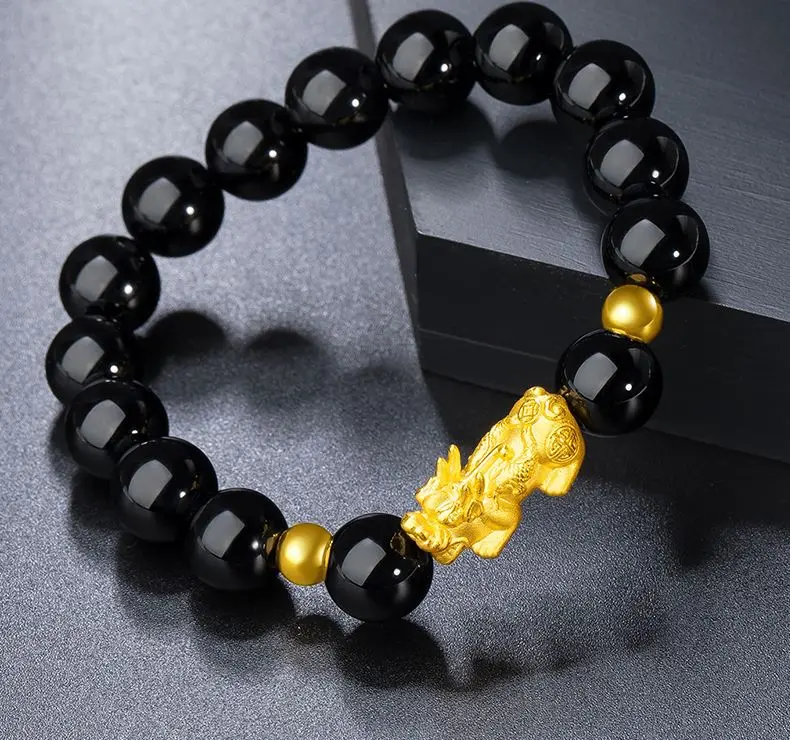 

Мексиканский обсидиановый браслет 12 мм с золотом Pi Xiu Amulet Bring fortune Beast