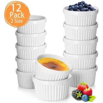 

Practical 12 Pack 2 Sizes Porcelain Souffle Dish Ramekins Bakeware Set for Baking-White Baking Cups for Dessert Puddings Lava Ca