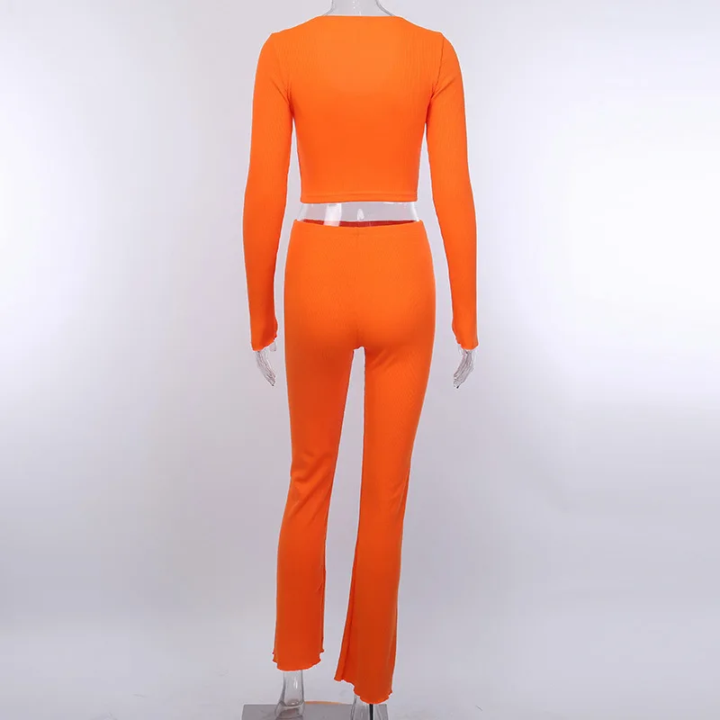 Genayooa, сексуальный оранжевый трикотажный спортивный костюм, женский комплект из двух предметов, топ и штаны, Женский комплект 2 шт., Корейская одежда, 2 предмета, Женский комплект