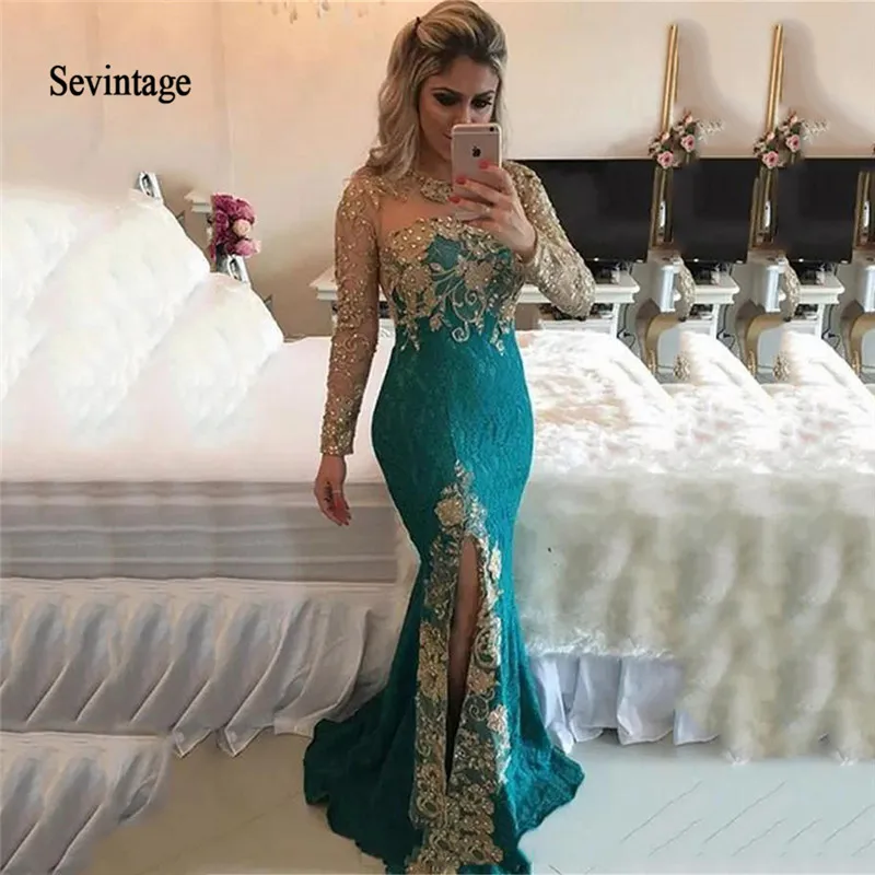 

Sevintage Mermaid Arabic Evening Dresses Gold Lace Beaded Long Sleeve Saudi Arabia Prom Gowns Sheer Back Slit Side Formal Gowns
