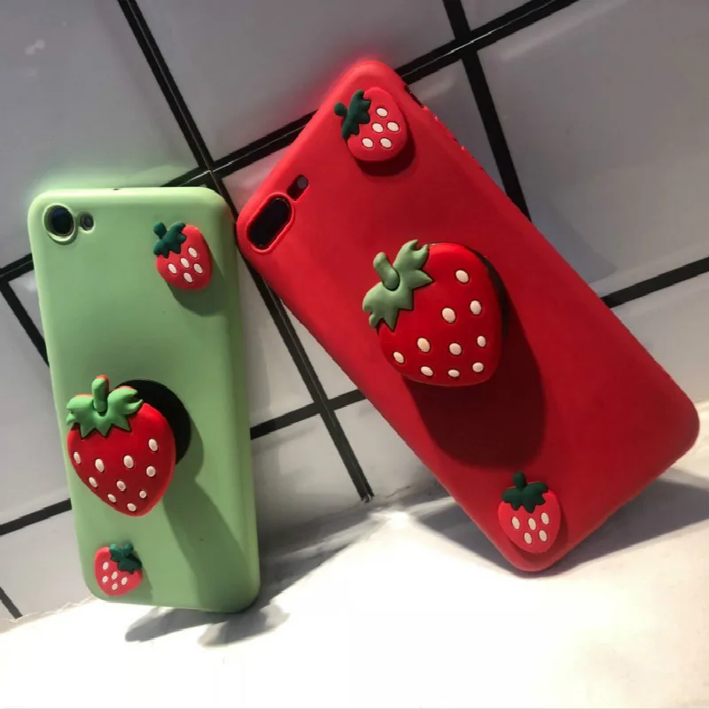 

Cute 3D Strawberry Holder Ring Stand Case for iPhone 11 Pro XR XS Max 6 6S 7 8 Plus Shockproof Lovely Soft Silicone Coque