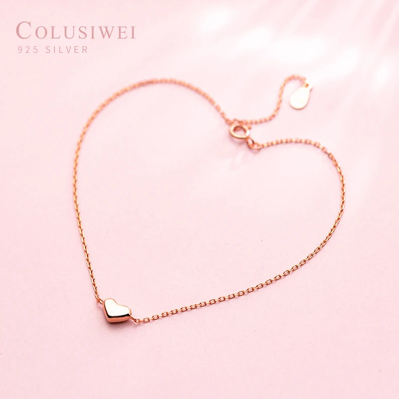 Colusiwei Silver Heart Anklets 925 Sterling Silver Rose Gold Color Minimalist Summer Fashion Foot Jewelry Bracelet for Ankle