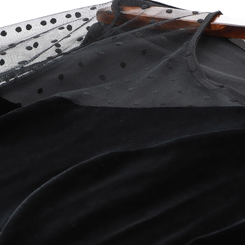 VERDEJULIAY Runway Velvet Dress Autumn Winter New Fashion Irregular Long Sleeve Dot Mesh Black Women Midi Slim Dress