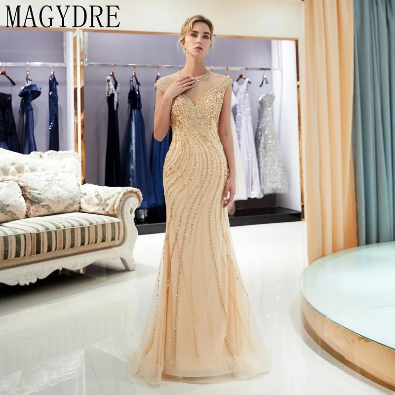 Золотой Русалка бисером Кристалл вечернее платье без рукавов Vestidos роскошное Длинное Платье Иллюзия