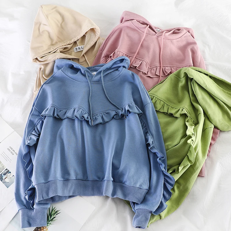 Милая Студенческая куртка с оборками и капюшоном женская короткая