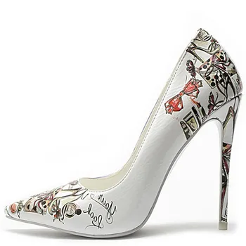

YECHNE White Wedding High Heels Shoes Women's Woman Bridal Heel Shoes Plus Size Pointed Toe Pumps Party Stiletto Graffiti