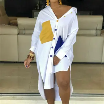 

Women's Turndown Collar Patchwork Casual Street Loose Long Sleeve Loose Irregular Long Maxi Shirts Dresses S-XXL
