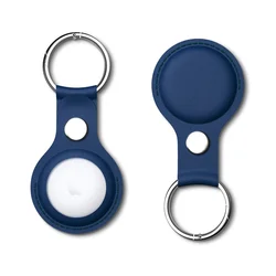 Premium PU Leather Protective Case Cover for AirTag with Anti-Lost Keychain (Blue)