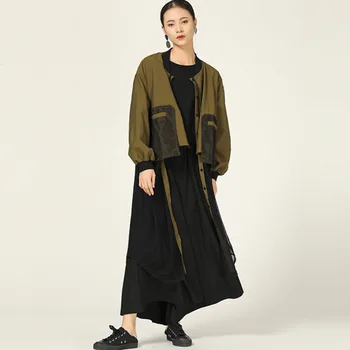 

LANMREM Green Long Sleeve Large Pocket Stitching Hollow Mesh Irregular Woman Jacket Casual Fashion 2020 Spring Coat New TV915