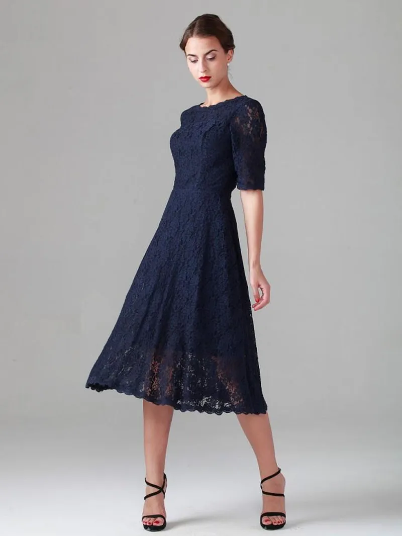 『Cheap!!!』- Navy Blue Tea-length Lace Mother of the Bride Dresses
Vintage Half Long Sleeve Beach Bridesmaid Bridal Party Evening Gowns
