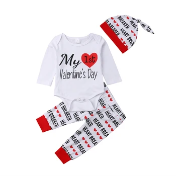 

Baby Boys Girls Valentine Clothes My First Valentine's Day Letter Print White Romper Jumpsuit +Pants +Hats Clothes Outfits