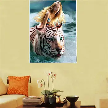 

New 5D Diamond Mosaic Sale Girl and Tiger 5D Diamond Painting Full Diamonds Embroidery Full Square Drill Livingroom Wall Sticker