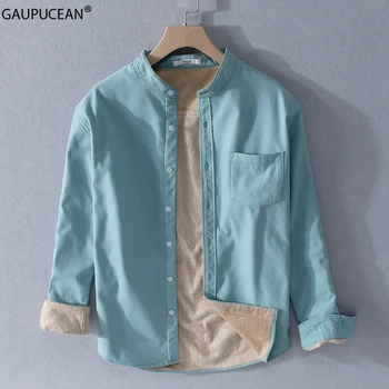 

Quality Cotton Thick Fleece Man Shirt Quality Spring Autumn Winter Long Sleeve Male Pocket Blue Stand Collar Men Casual Shirts