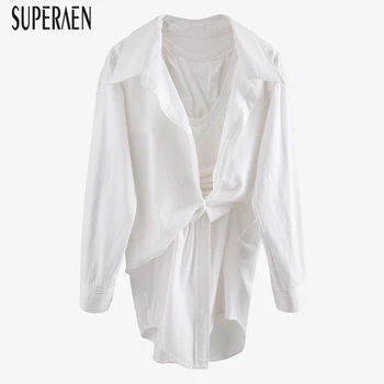 

SuperAen Europe Women Shirts Summer New 2020 Irregular Wild Dress Female Fake Two-Piece Solid Color Women Clothing Fashion