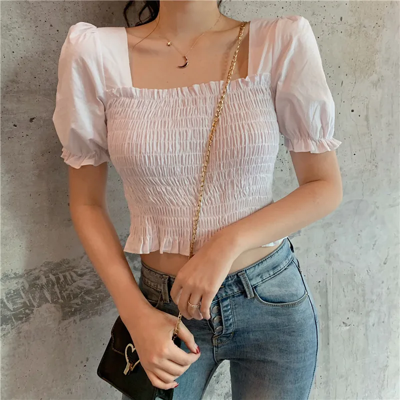 

Korean Style Square Collar Elastic Short Sleeve Blouse Sexy Crop Top Women Summer Shirt Chemisa Blusa 2019 New