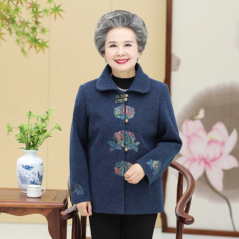 

Elderly Autumn Winter Clothes New Female Coat Plush Thickened Grandma Overcoat Mom Woolen Jacket Old lady Loose Clothes 5XL