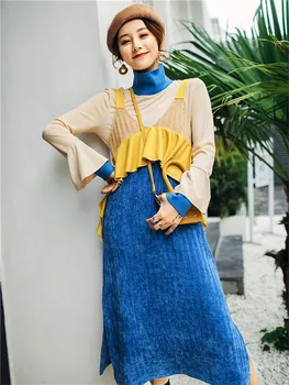 

Women 2Pcs Dress Suits 2020 Korean Fashion Turtleneck Bottoming Shirts&Strap Knitted Dress Sets Patchwork Two-piece Skirts Sets