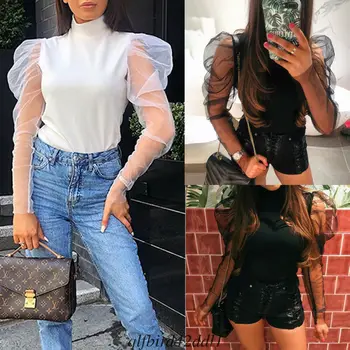 

AU Stock Women Fashion Puff Sleeve Blouse T-shirt High Neck Tops Party Shirt New