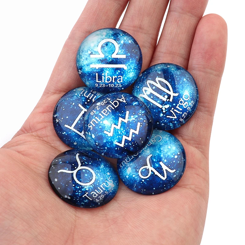 10/20pcs Blue 12 Constellation Astrology Pattern 10/12/14/18/20/25mm Round Flatback Glass Cabochon Spacer For DIY Jewelry Making