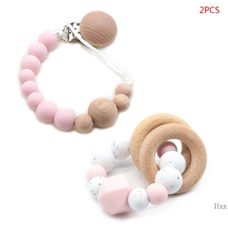 PK1 New Baby Silicone Teether Wood Ring Bracelet Pacifier Chain Holder Newborn Molar Toy - Цвет: PK1