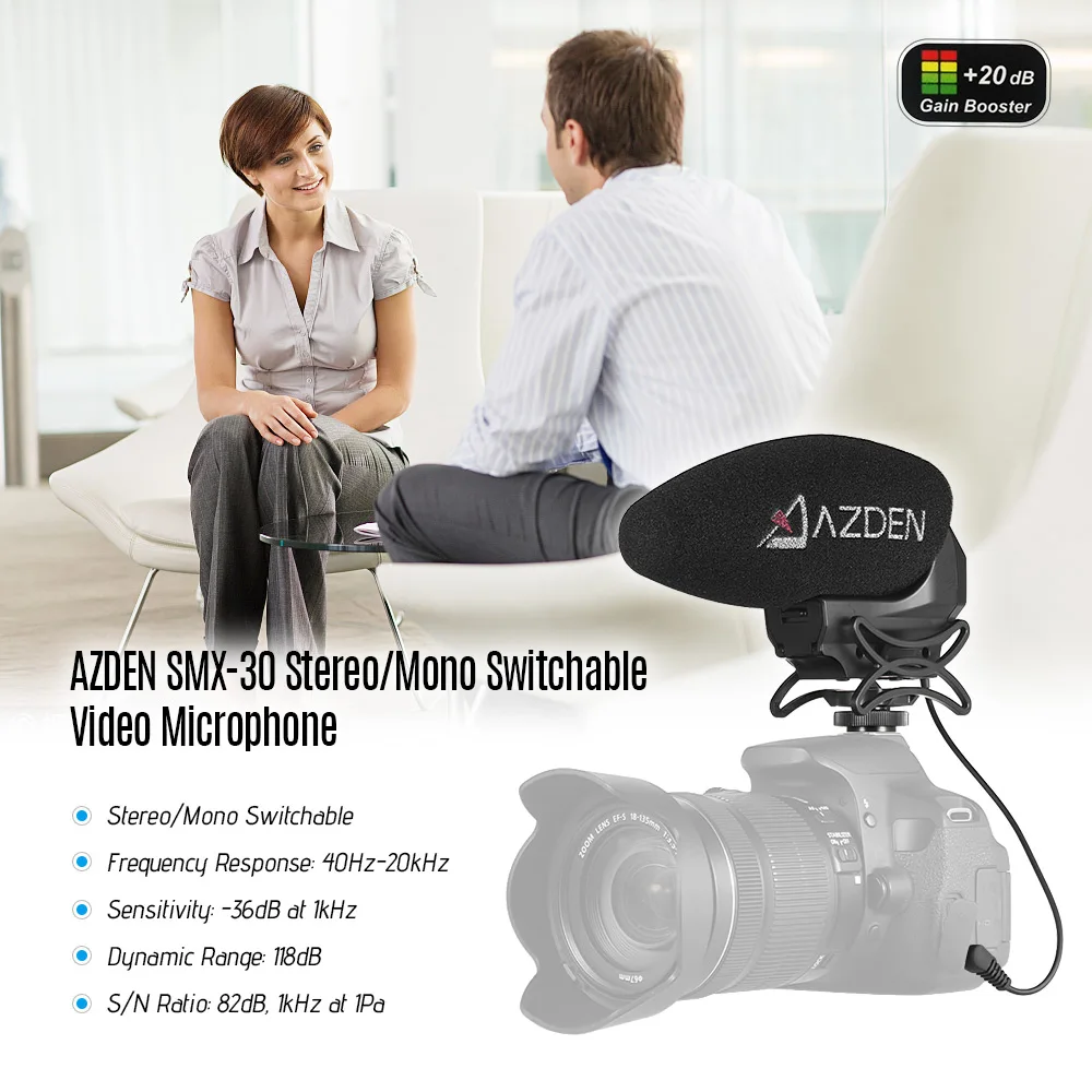 

AZDEN SMX-30 Stereo/Mono Switchable Video Microphone Mic Low Noise Operation Gain Control Microphone for Canon Nikon Sony DSLR