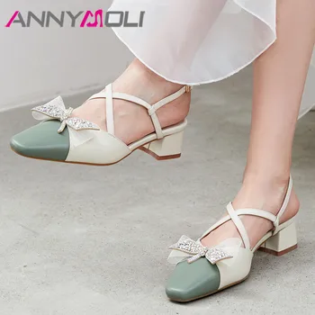 

ANNYMOLI Real Leather Med Heels Bow Thick Heel Shoes Square Toe Pumps Crystal Metal Decoration Female Footwear Green Big Size 40