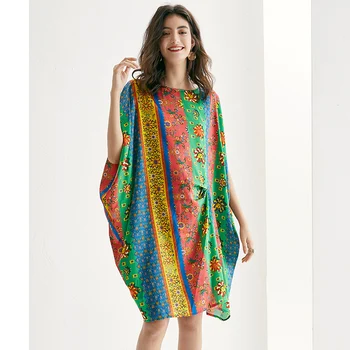 

POKWAI Real Silk Spandex Silk Satin Dress Bat Sleeved Pinch Pleated Skirts Are Elegantly Styled Printing Loose Comfortable