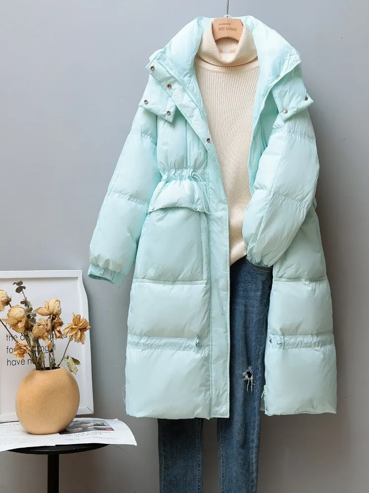 long bubble coat Down Jacket Women Drawstring Waist Mid-length Parka Thick 2022 Korean Fashion Loose Soft White Duck Down Hooded Jacket JD1961 waterproof puffer coat